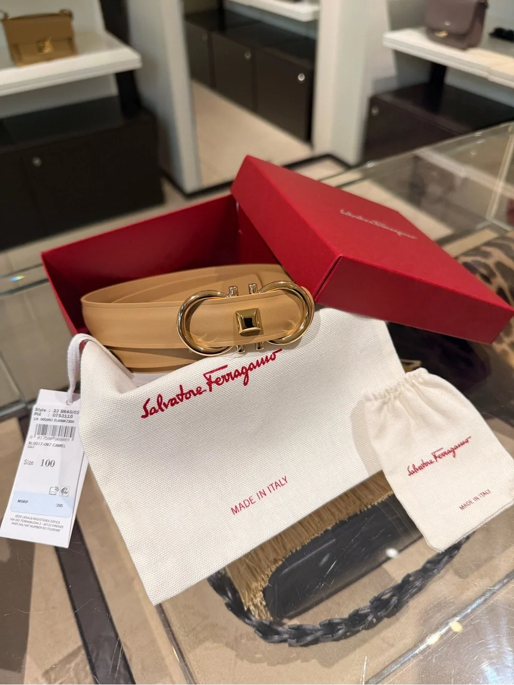 Salvatore Ferragamo Donna H.25 Calfskin Gancini Camel Belt Gold Hardware SZ 100